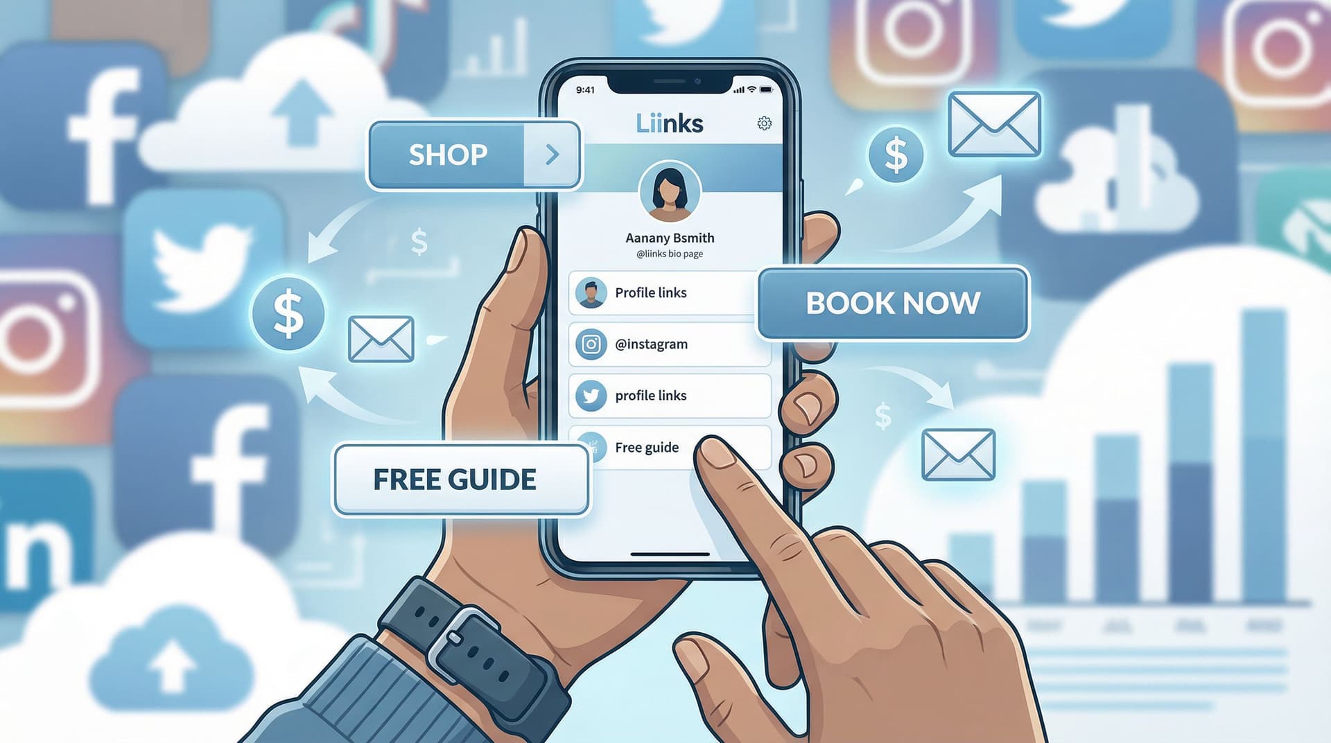 A bold, modern hero image showing a creator’s hand holding a smartphone with a sleek, high-converting Liinks bio page on screen, surrounded by floating UI elements like buttons labeled “Shop,” “Book Now,” and “Free Guide,” with subtle arrows turning those buttons into dollar signs and email icons. The background is a blurred, colorful collage of social media app icons and analytics graphs, conveying the idea of turning scattered “link in bio” clicks into a clear, intentional revenue funnel. Bright, confident lighting with a clean, minimal, slightly techy aesthetic.