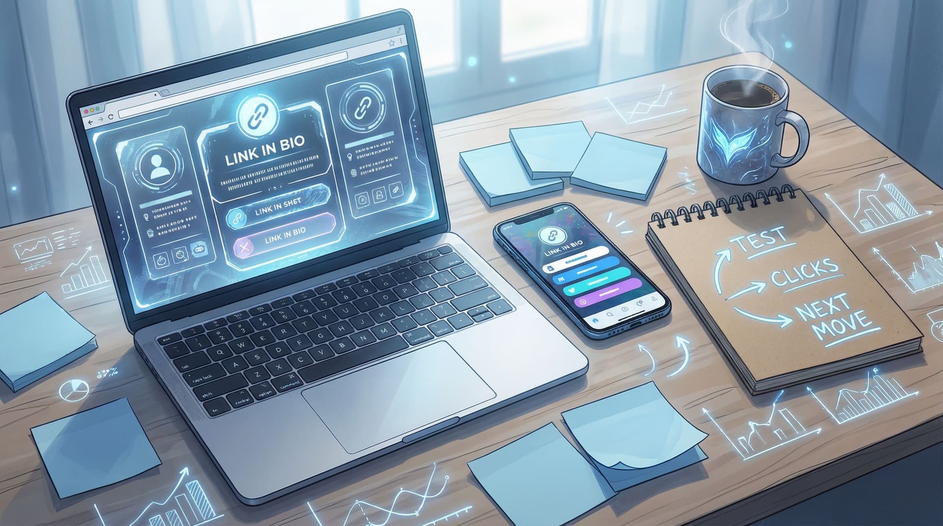 A stylized overhead scene of a creator’s workspace: a laptop open to a beautifully designed Liinks-style link-in-bio page, a smartphone showing the same page with colorful buttons, and hand-drawn arrows on a notepad labeled “Test,” “Clicks,” and “Next Move.” Soft natural light, pastel sticky notes, a coffee mug, and subtle analytics doodles in the background convey a playful yet strategic mood about experimenting and understanding your audience.