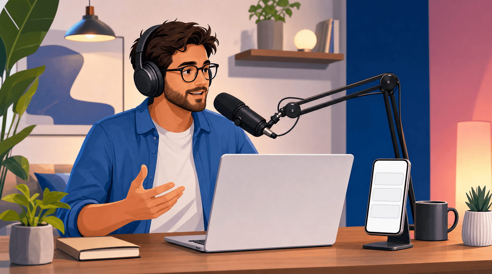 An editorial illustration of a creator wearing headphones and speaking into a podcast microphone at a home desk, with an open laptop in front of them and a smartphone on a stand beside them showing a simple stacked-button link-in-bio page.