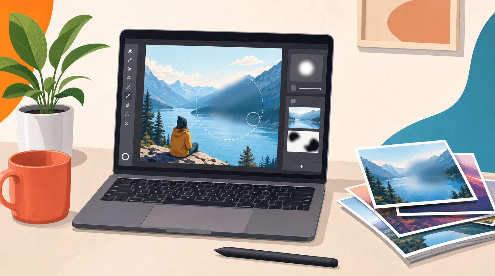 A bright illustrated desk scene: an open laptop showing a photo editing canvas where a soft blurred patch has been brushed across part of a lakeside photo, a brush cursor circle over the blurred area, a stylus lying in front of the keyboard, a mug and a potted plant to the left, and a stack of printed photos to the right with one of them softened into a smudge.