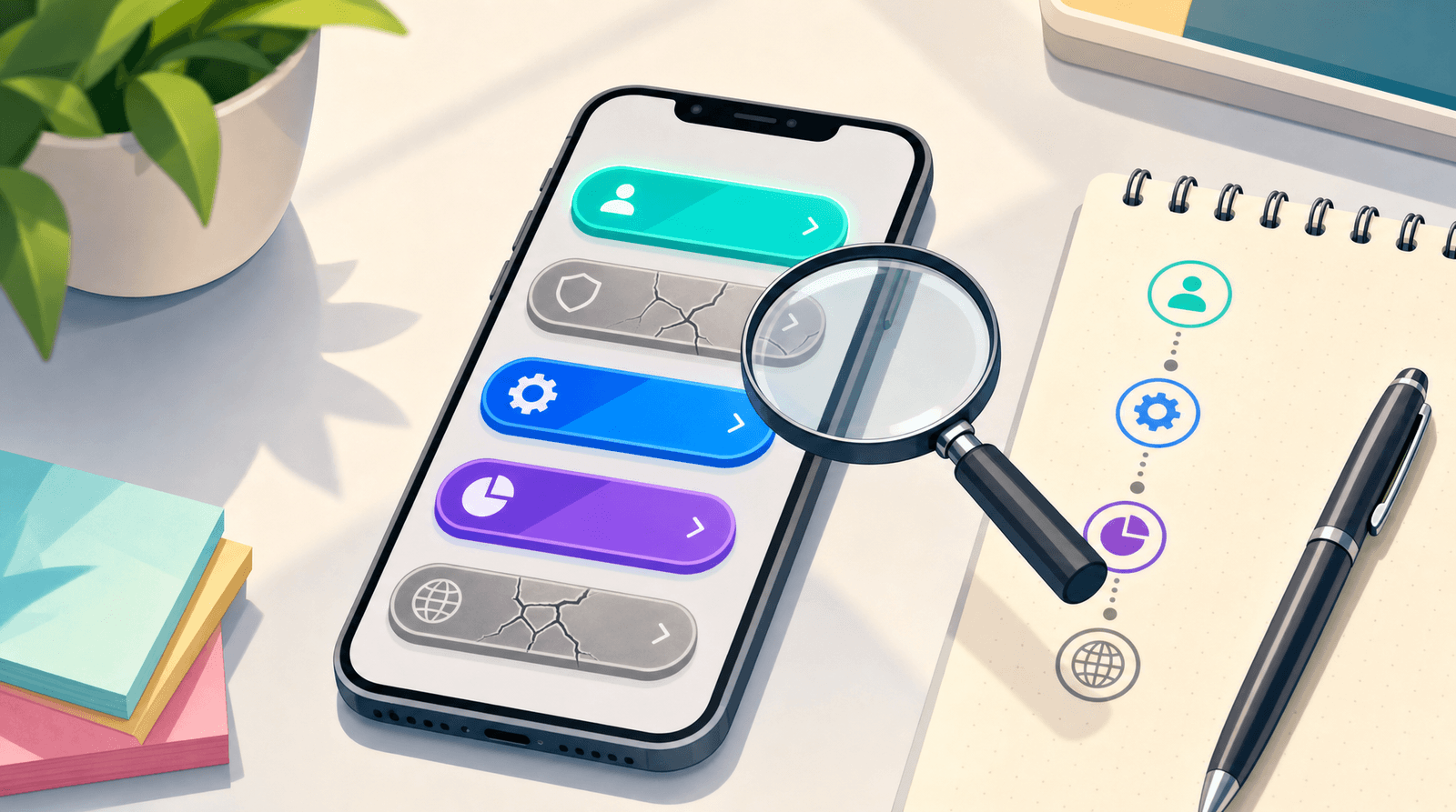 A bright illustrated overhead desk scene: a smartphone lying on a pale desk showing a vertical stack of link-in-bio style buttons, three of them glowing in teal, blue and purple and two of them cracked and greyed out, with a large magnifying glass hovering over one of the cracked buttons. A spiral notepad on the right shows a vertical flow of small circular icons connected by dotted lines, with a pen beside it, a potted plant top left and a stack of coloured sticky notes bottom left.
