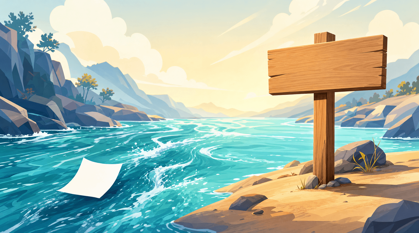 An editorial illustration of a single blank sheet of paper being swept away down a fast turquoise river, while a blank wooden signpost stands planted firmly on the sandy bank beside it.