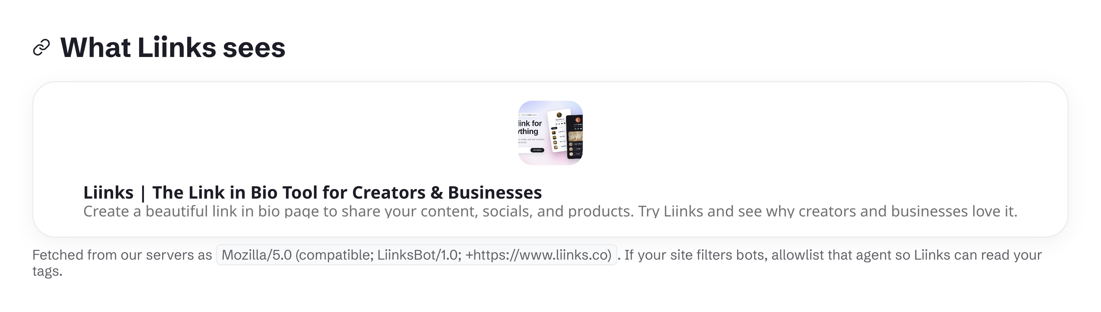 The What Liinks sees panel showing a resolved title, description, and thumbnail, with the LiinksBot user agent named underneath