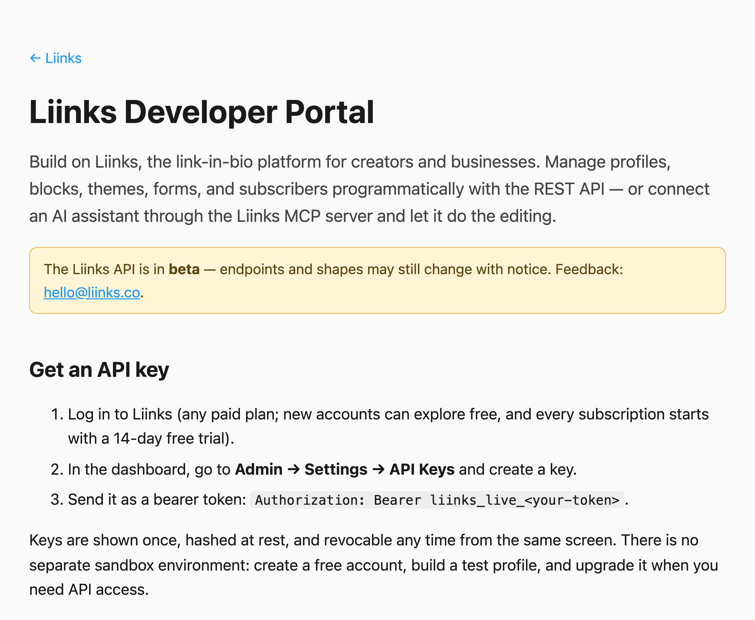 The top of the Liinks developer portal, showing the beta notice and the three steps for getting an API key
