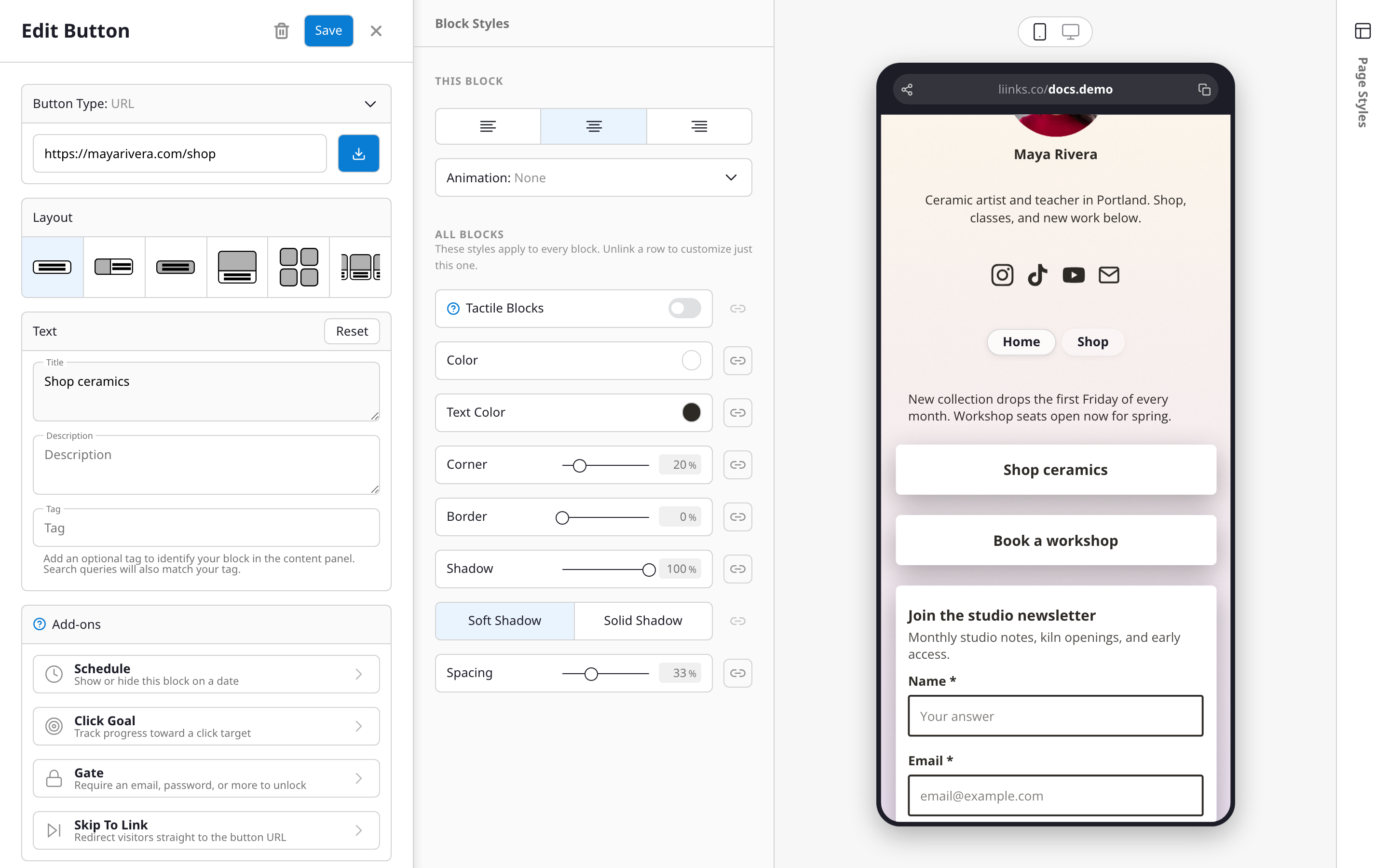The Block Styles panel beside a block editor, with a chain-link beside each shared setting